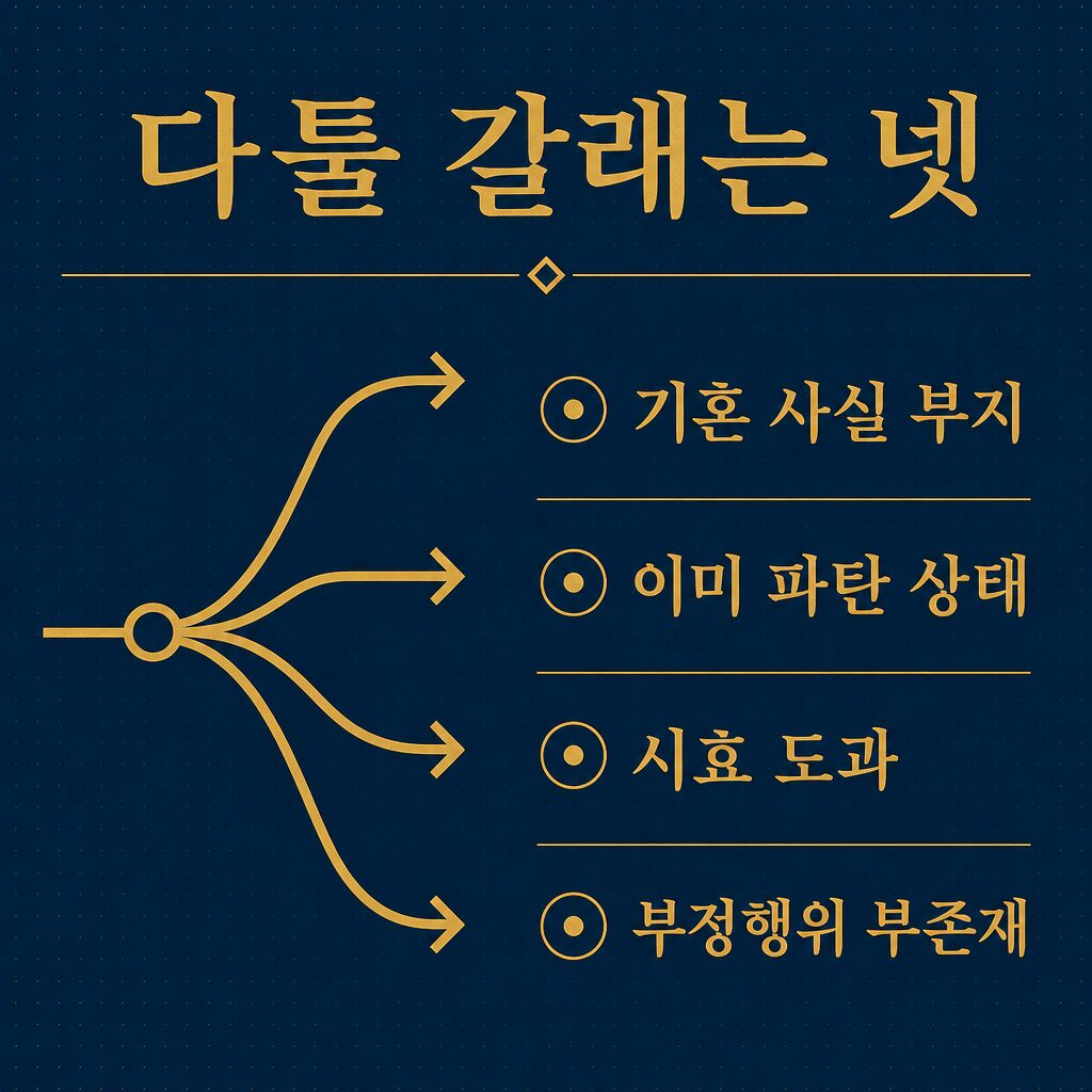 다툴 수 있는 네 갈래 — 기혼 부지·파탄·시효·부정행위 여부 이미지