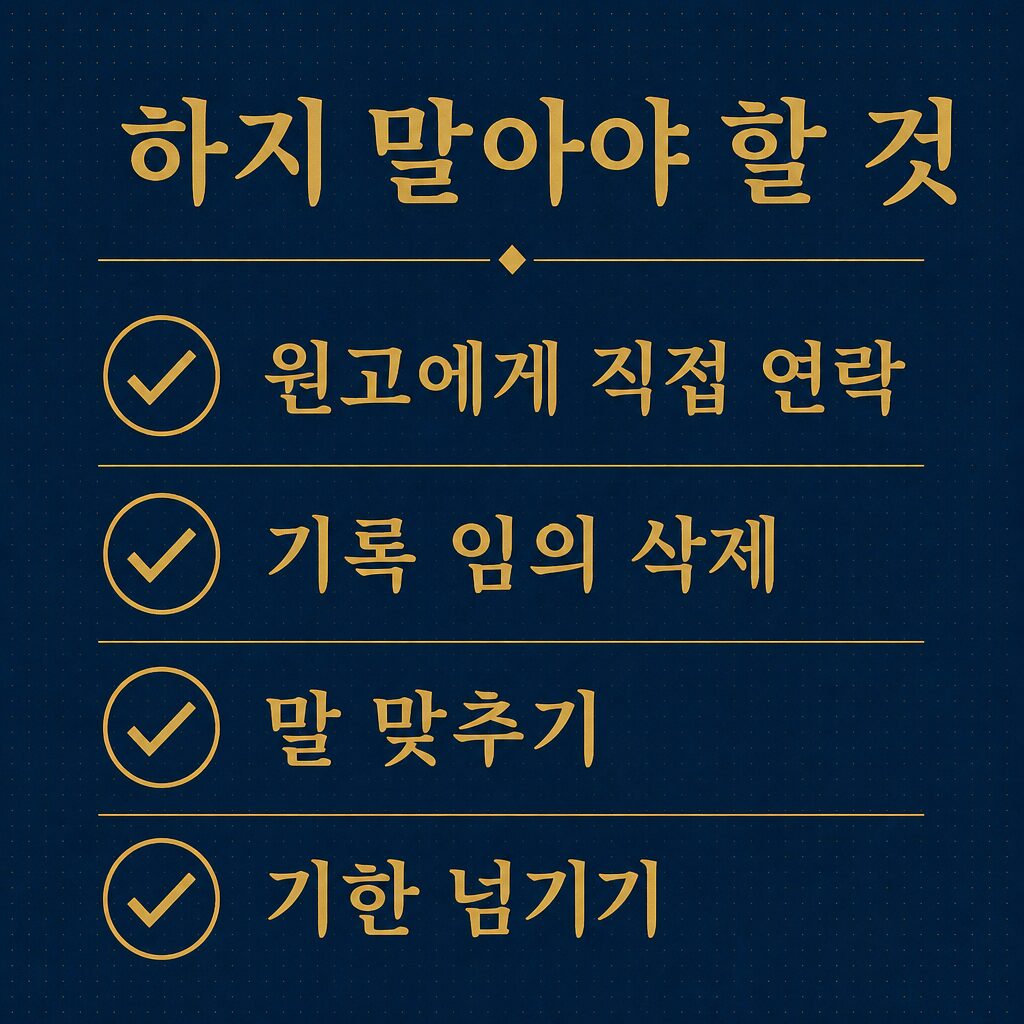 소장을 받은 뒤 절대 하지 말아야 할 것 — 연락·삭제·말맞춤·기한 이미지