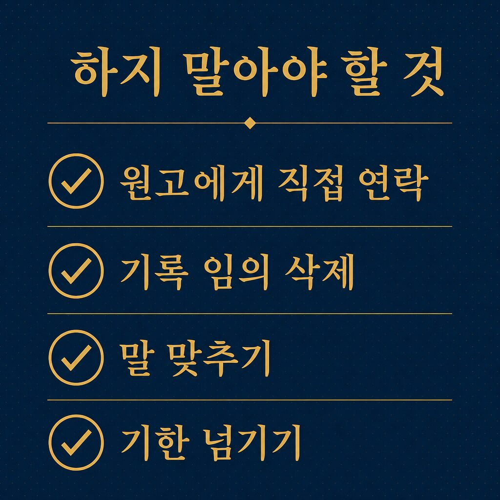 소장을 받은 뒤 하지 말아야 할 것 — 직접 연락·기록 삭제·말 맞추기·기한 도과 이미지