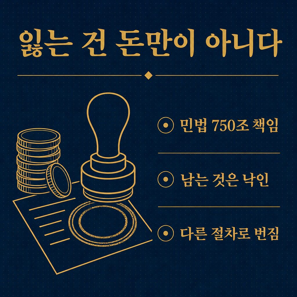 잃는 것은 돈만이 아니다 — 민법 제750조 책임과 판단이 남는다 이미지