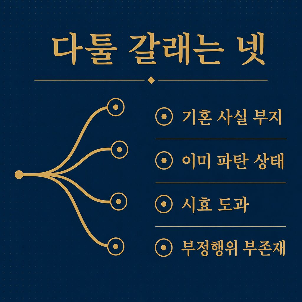 다툴 수 있는 네 갈래 — 기혼 부지·파탄·시효·부정행위 부존재 이미지