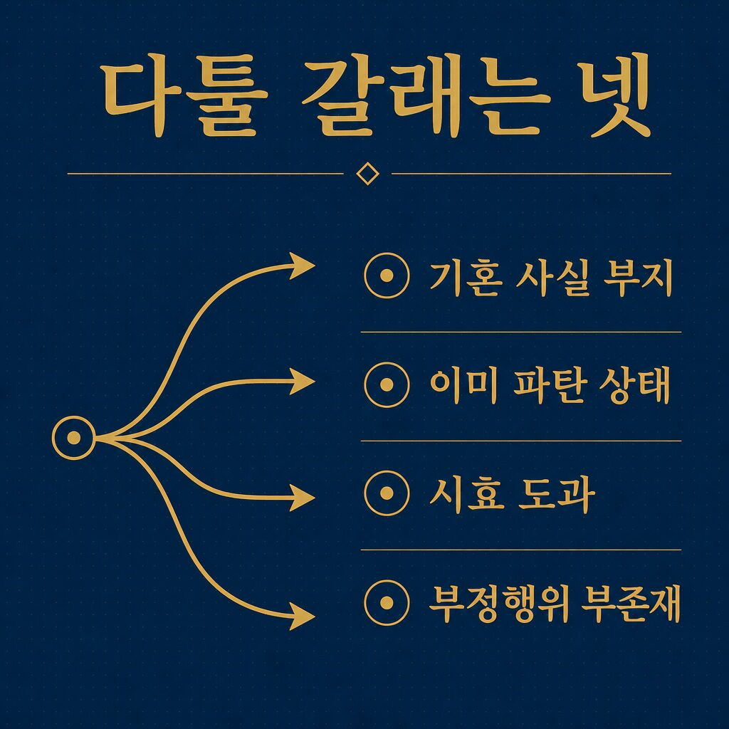 상간소송에서 다툴 수 있는 갈래 — 기혼 부지·파탄·시효·부정행위 부존재 이미지