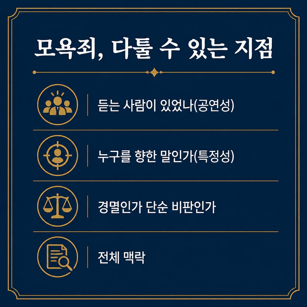 모욕죄 고소 2단계 — 공연성·특정성 등 다툴 지점 점검